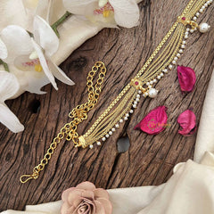 Vriksham Traditional Gold 5 layered & Pearls Drop Champ Hipchain-Red-Pearls-G20789