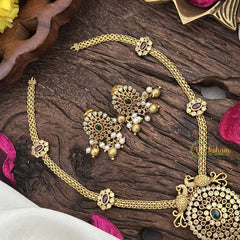 Vriksham Addigai Gold Pendant Short Neckpiece-Gold bead and Pearl-Red Green-G17940