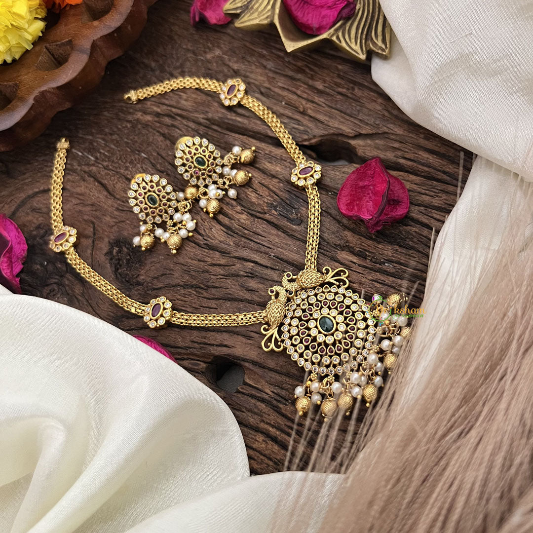 Vriksham Addigai Gold Pendant Short Neckpiece-Gold bead and Pearl-Red Green-G17940