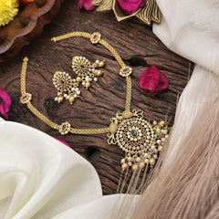 Vriksham Addigai Gold Pendant Short Neckpiece-Gold bead and Pearl-Red Green-G17940