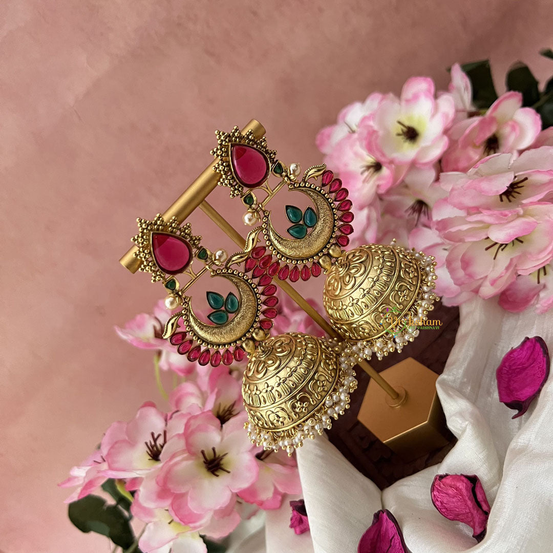 Vriksham Premium Stone Traditional Jumbo Jhumkas-Red Green-G3121