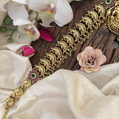 Vriksham  Elegant Dual Peacock Feather & Floral Hipchain-Green Red-Gold Bead-G20793