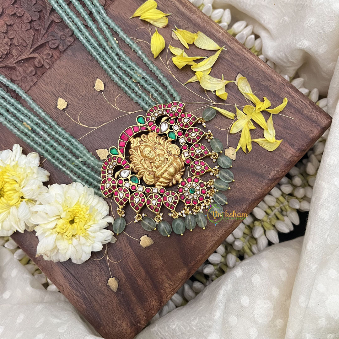 Vriksham Lakshmi Pendant With Maanga Jadau Kundan 5 Layer Green Beaded Maala neckpiece-J3716