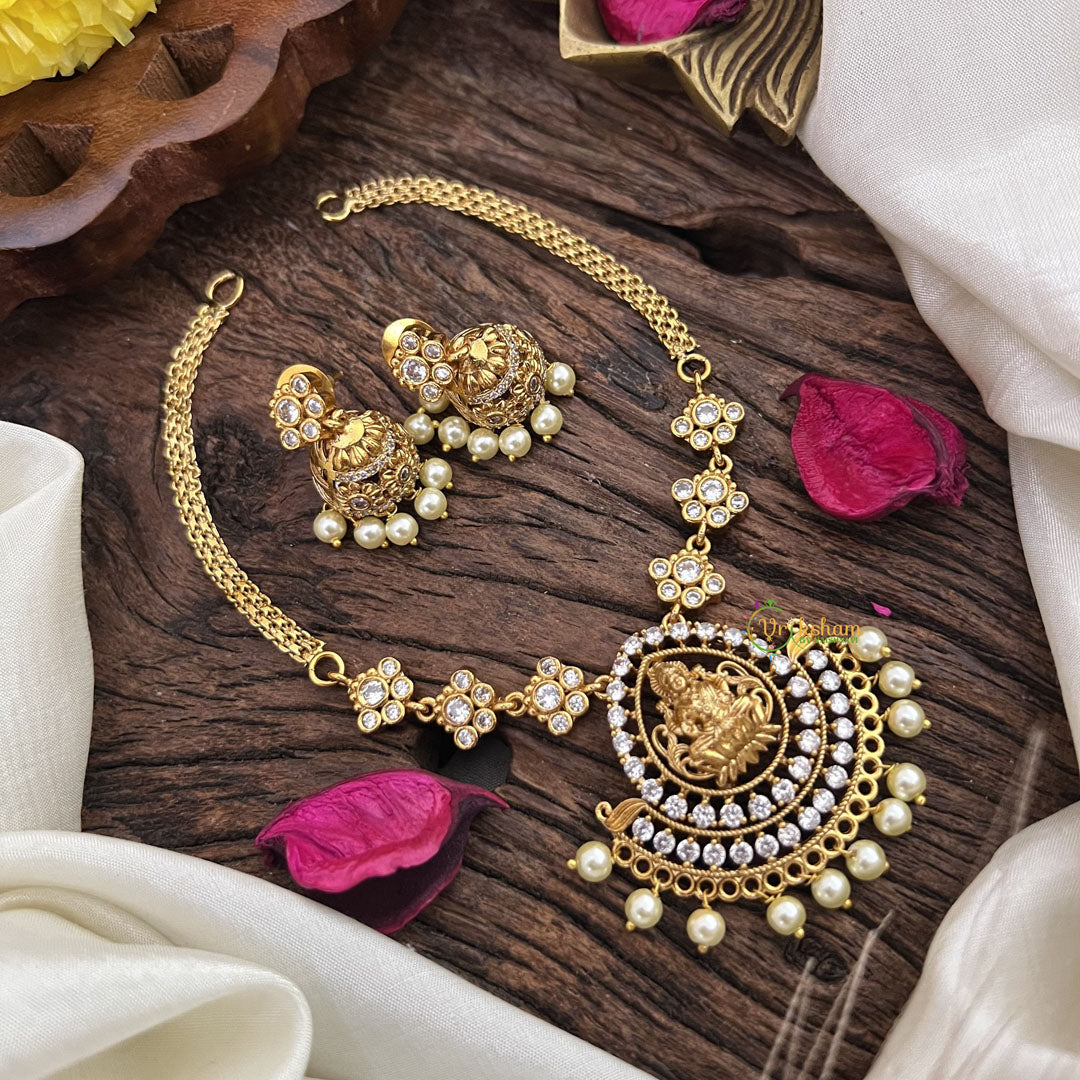 Vriksham AD Stone Lakshmi Pendant Short Neckpiece-Pearl-G15951