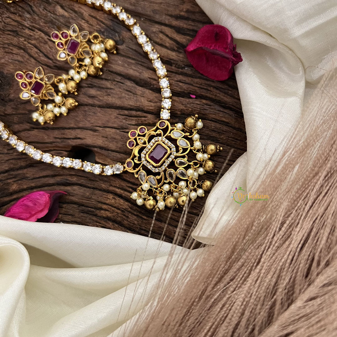 AD Stone Designer Addigai Short Neckpiece-Red-G7735