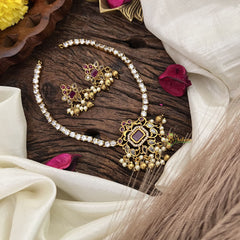 AD Stone Designer Addigai Short Neckpiece-Red-G7735