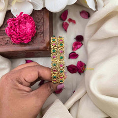 Vriksham Floral & Peacock Style Festive Gold-Toned Crystal Bangles-Red Green-G21615