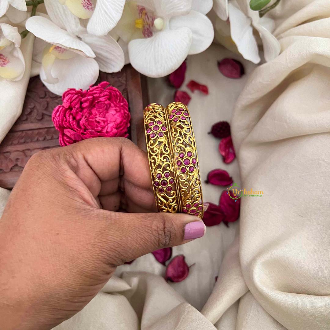 Vriksham Classic Red Floral Golden Design Style Bangles-Red-G21617