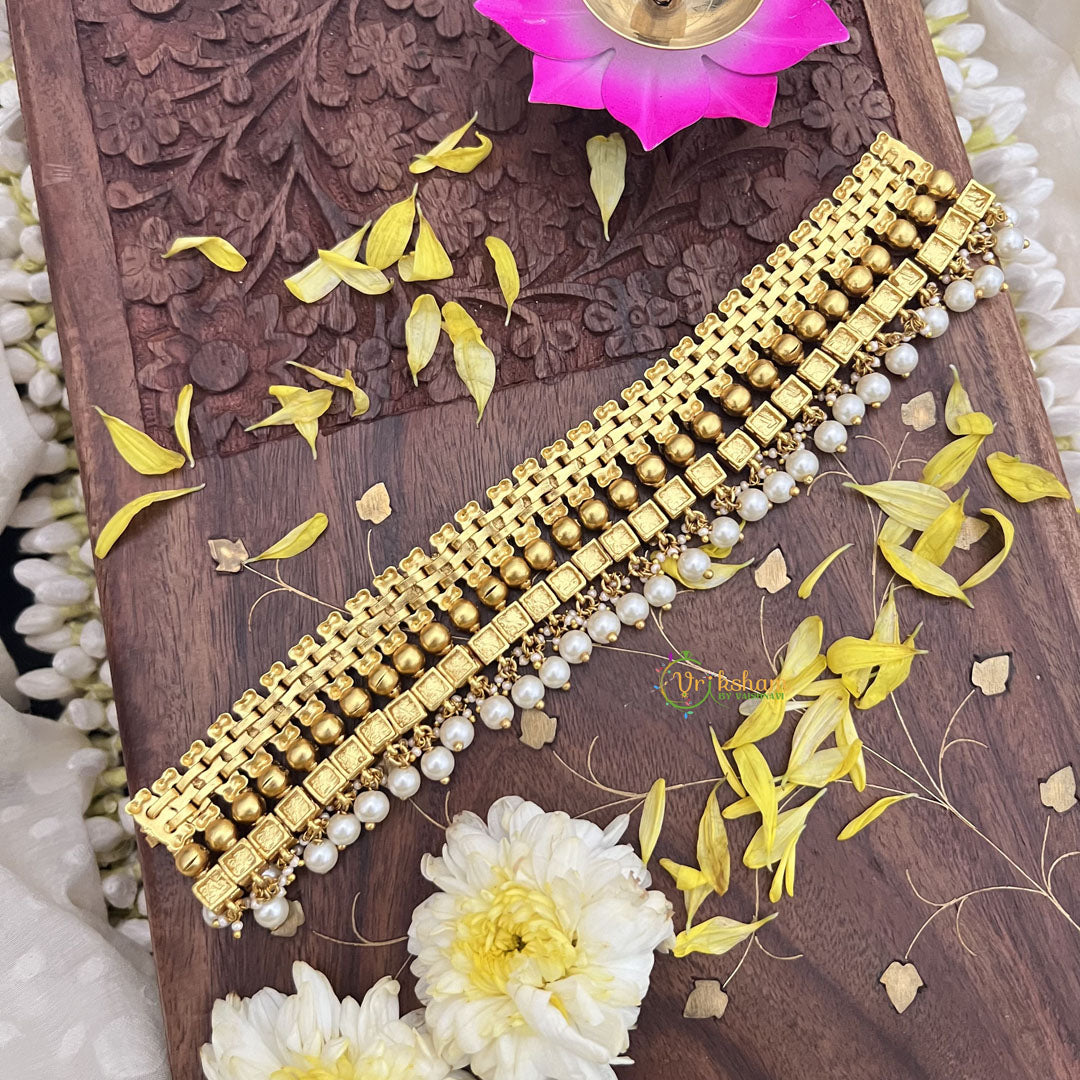 Vriksham Kundan Jadau Gold Look Alike High Neck Choker-Green-White Bead-J3688