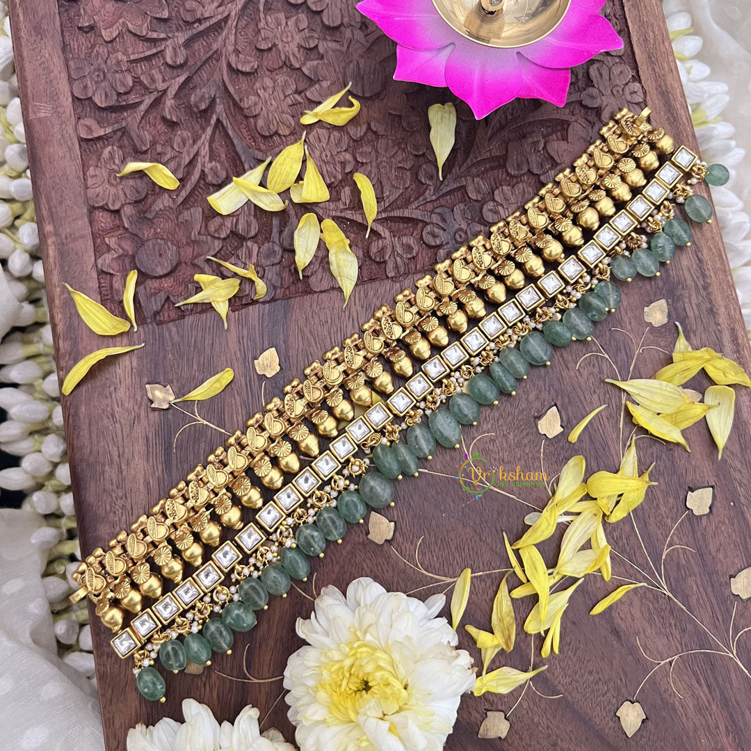 Vriksham Kundan Jadau Gold Look Alike High Neck Choker-White-Pastel Green Bead-J3689