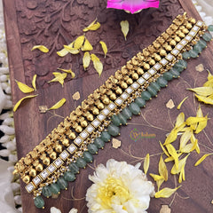 Vriksham Kundan Jadau Gold Look Alike High Neck Choker-White-Pastel Green Bead-J3689