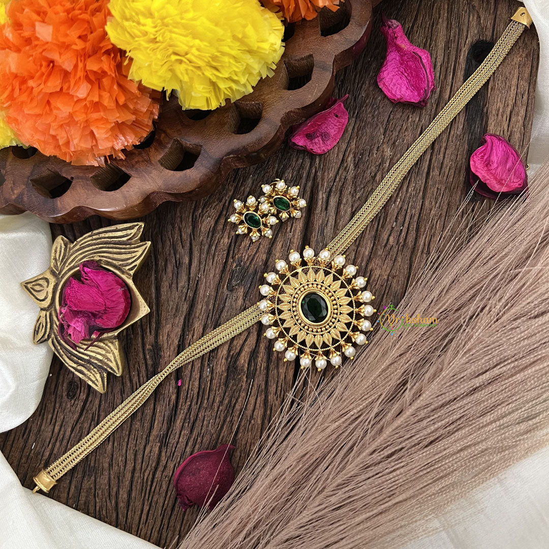 Vriksham Gold Look Alike Oval Pendant Addigai-Green-Pearl-G16302