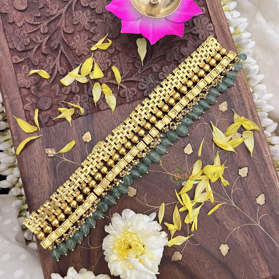 Vriksham Kundan Jadau Gold Look Alike High Neck Choker-White-Pastel Green Bead-J3689