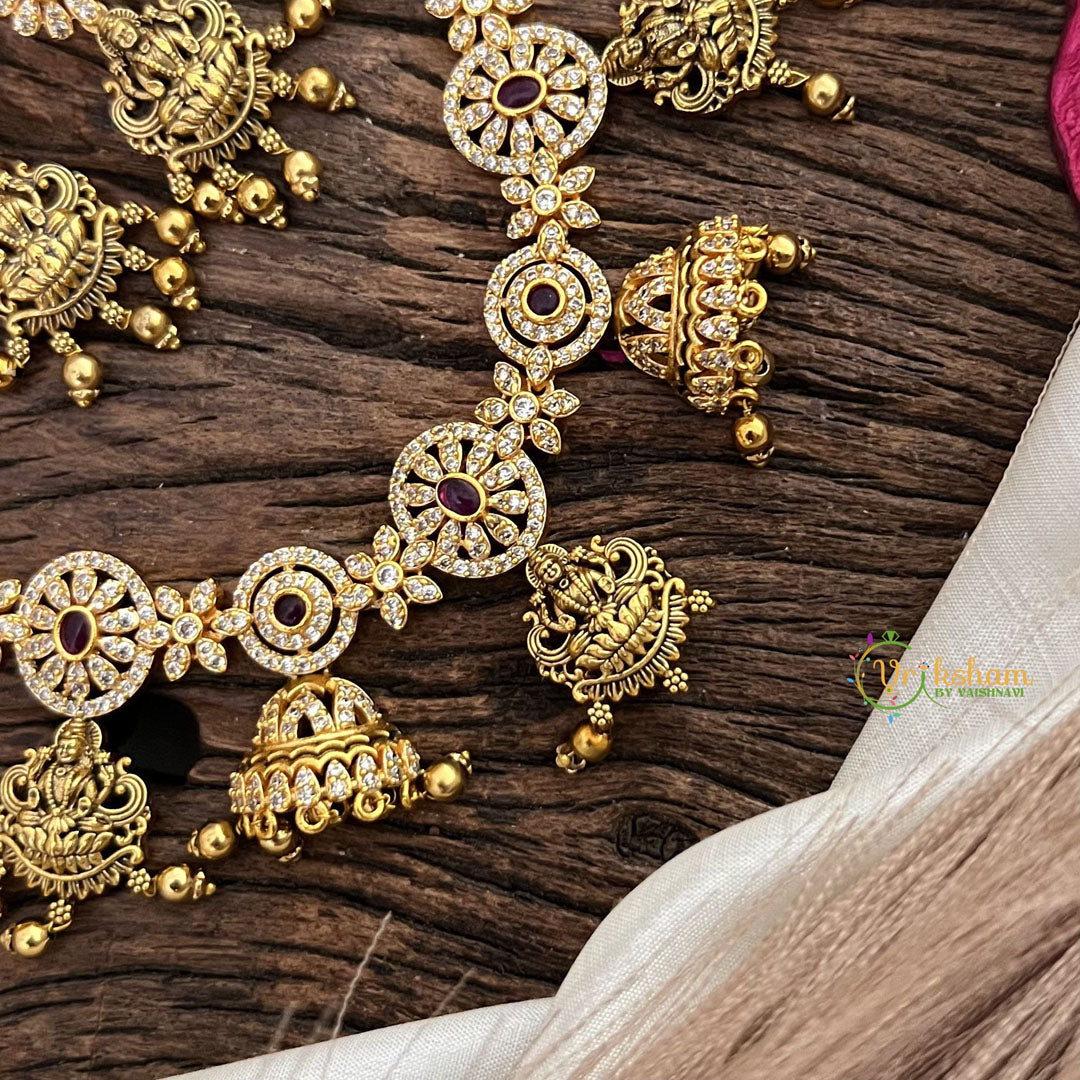Vriksham Exquisite AD Stone Lakshmi Short Neckpiece-Red-Gold Bead-G16324