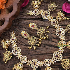 Vriksham Exquisite AD Stone Lakshmi Short Neckpiece-Red-Gold Bead-G16324