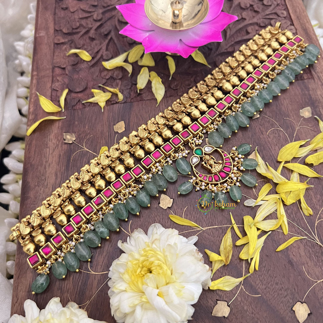 Vriksham Kundan Jadau Gold Look Alike Pendant High Neck Choker-Red-Pastel Green Bead-J3690