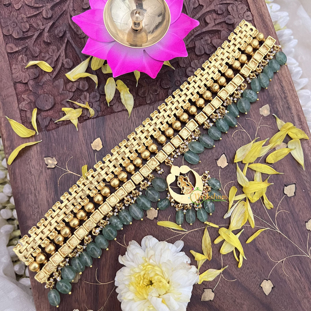 Vriksham Kundan Jadau Gold Look Alike Pendant High Neck Choker-Red-Pastel Green Bead-J3690