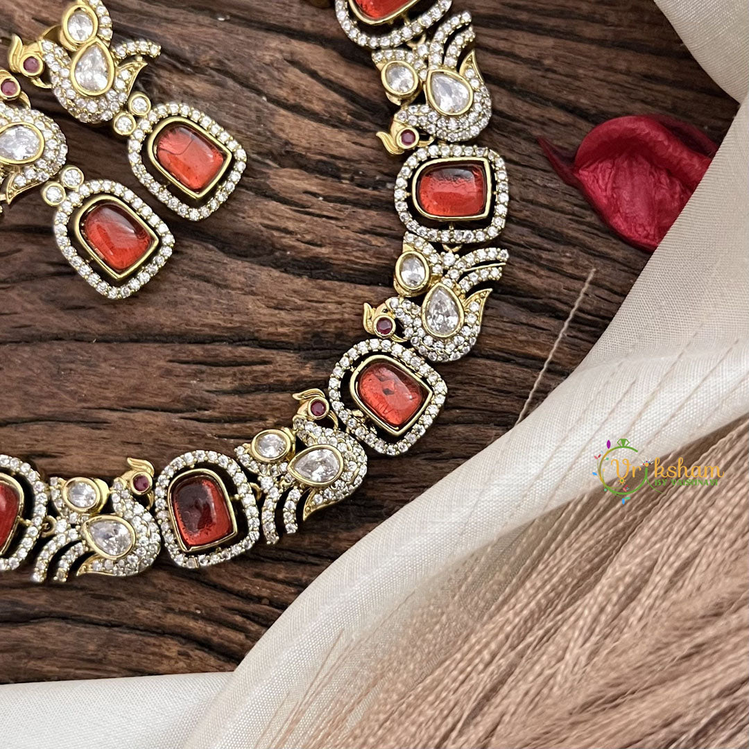 Vriksham Premium Maroon AD Stone Peacock Neckpiece-G16330
