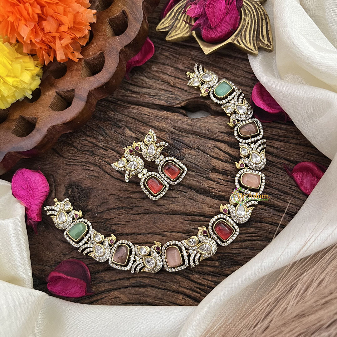 Vriksham Premium Multicolor AD Stone Peacock Neckpiece-G16327
