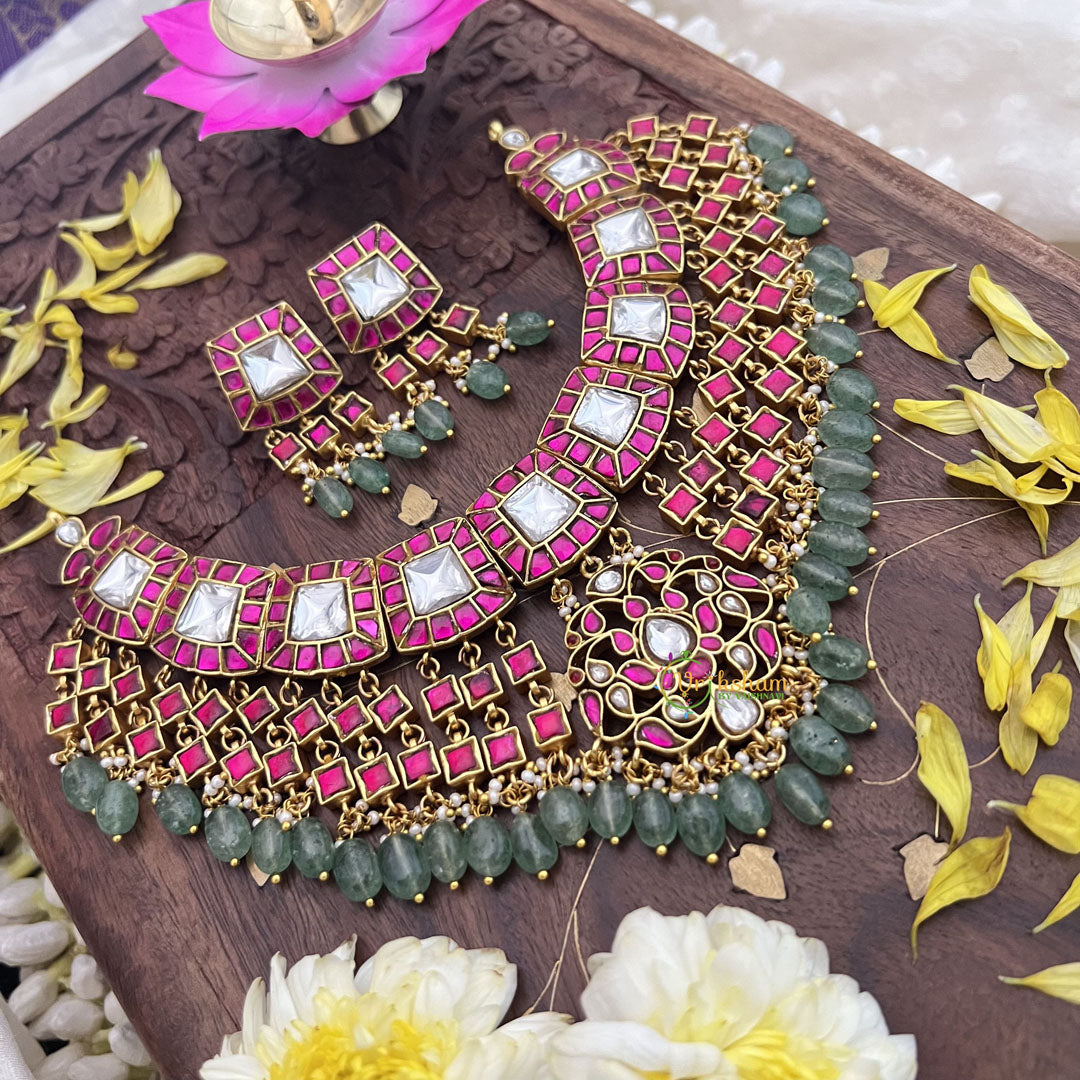 Vriksham Kundan Jadau High Neck Choker-Pastel Green Bead-J3691