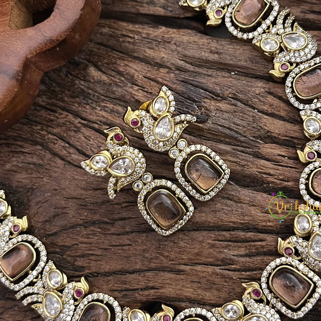 Vriksham Premium Brown AD Stone Peacock Neckpiece-G16329