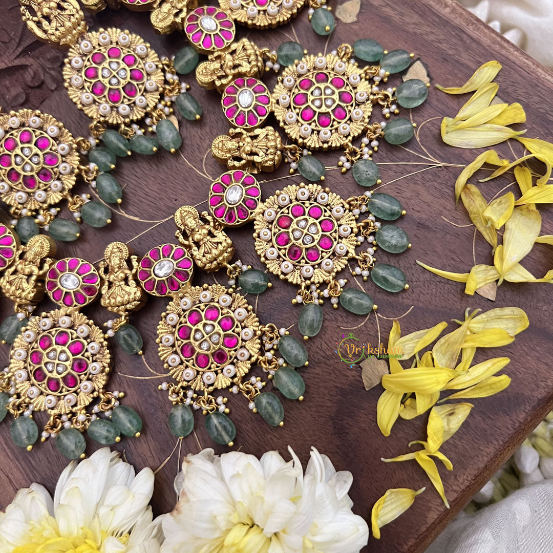 Vriksham Kundan Jadau Lakshmi With Coin Style High Neck Choker-Pastel Green Bead-J3693