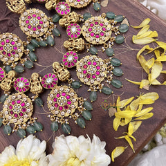 Vriksham Kundan Jadau Lakshmi With Coin Style High Neck Choker-Pastel Green Bead-J3693