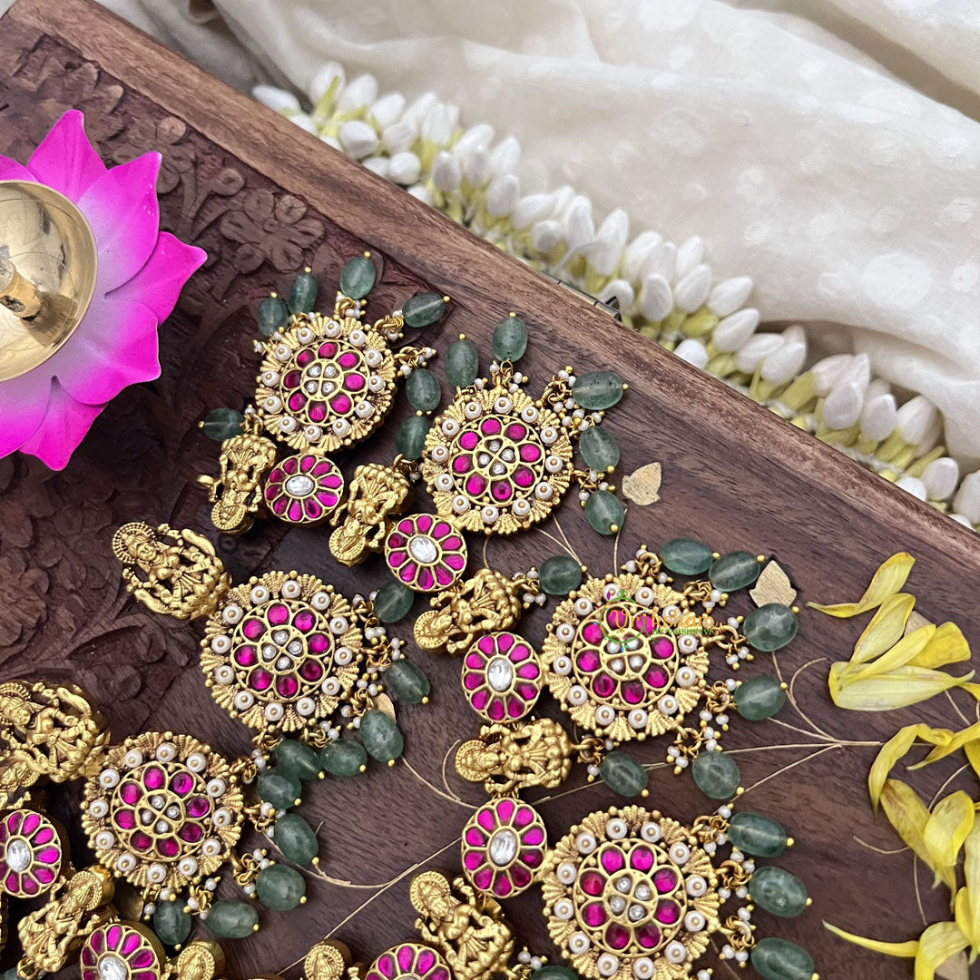 Vriksham Kundan Jadau Lakshmi With Coin Style High Neck Choker-Pastel Green Bead-J3693