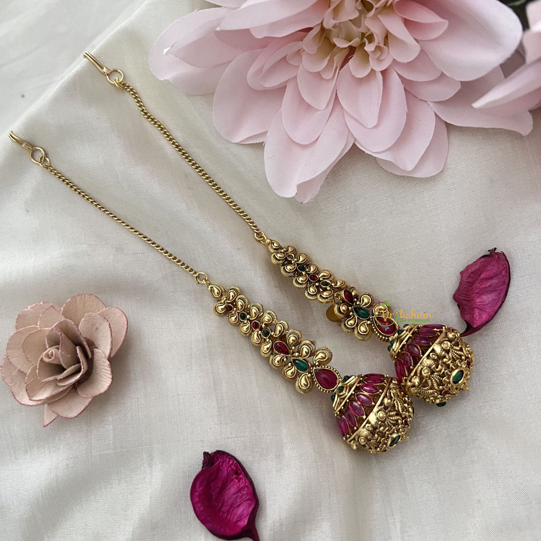 Vriksham Designer Round Jhumka With Maatil-Red Green-G18308