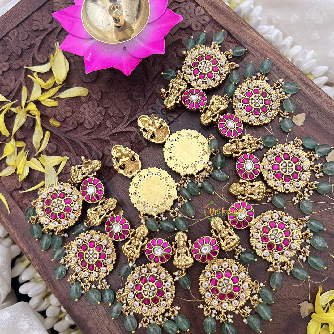 Vriksham Kundan Jadau Lakshmi With Coin Style High Neck Choker-Pastel Green Bead-J3693