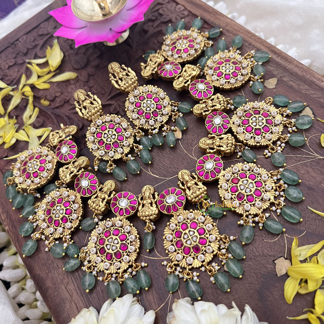 Vriksham Kundan Jadau Lakshmi With Coin Style High Neck Choker-Pastel Green Bead-J3693