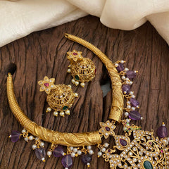 Premium AD Stone Hasli Choker-Filigree-Purple Beads-G12065