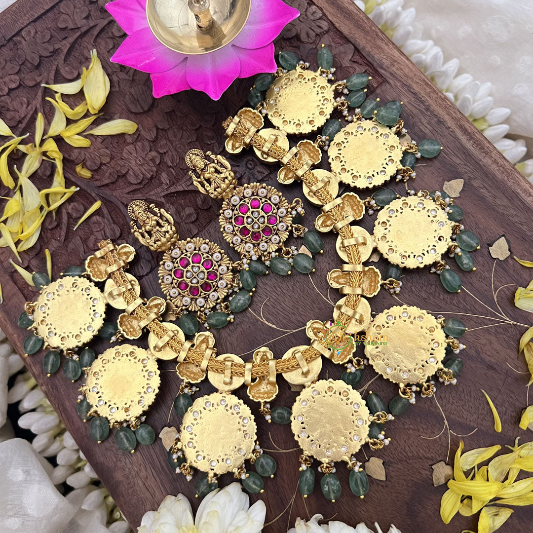 Vriksham Kundan Jadau Lakshmi With Coin Style High Neck Choker-Pastel Green Bead-J3693