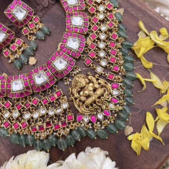 Vriksham Kundan Jadau Lakshmi Pendant High Neck Choker-Pastel Green Bead-J3692