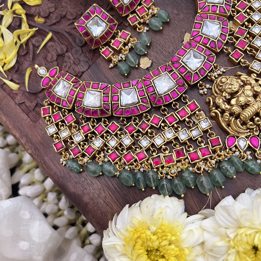 Vriksham Kundan Jadau Lakshmi Pendant High Neck Choker-Pastel Green Bead-J3692