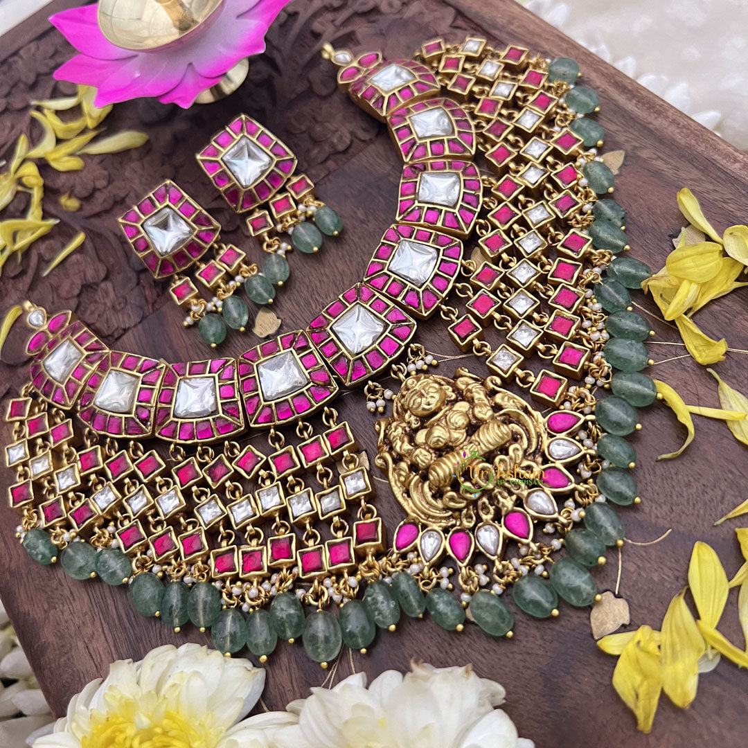 Vriksham Kundan Jadau Lakshmi Pendant High Neck Choker-Pastel Green Bead-J3692