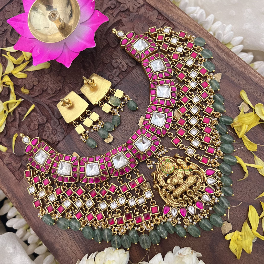 Vriksham Kundan Jadau Lakshmi Pendant High Neck Choker-Pastel Green Bead-J3692