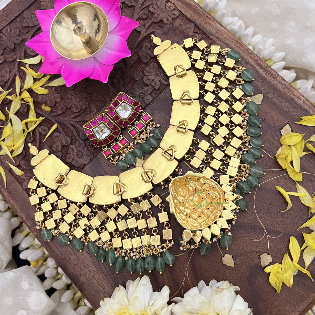 Vriksham Kundan Jadau Lakshmi Pendant High Neck Choker-Pastel Green Bead-J3692