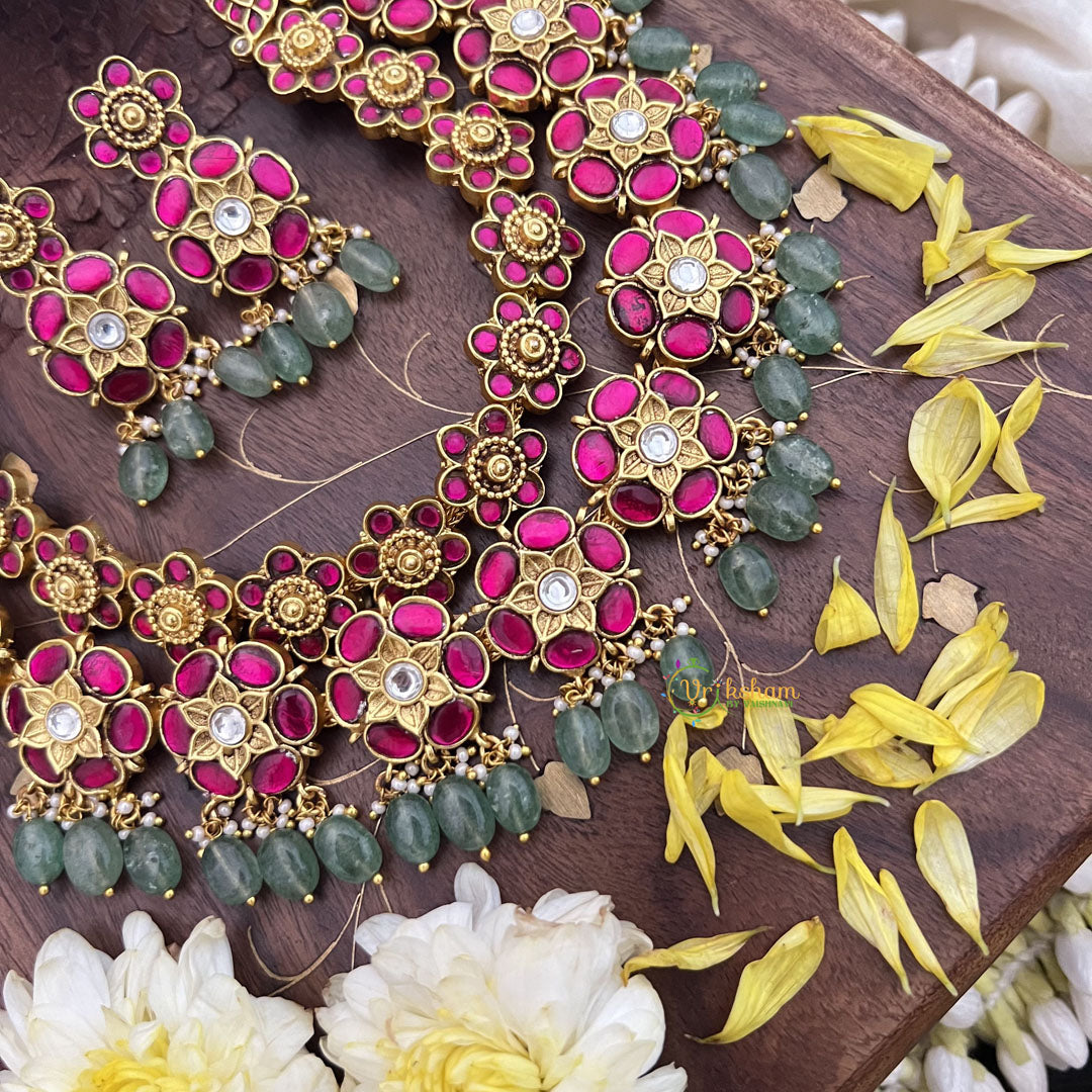 Vriksham Kundan Jadau Floral High Neck Choker-Pastel Green Bead-J3694