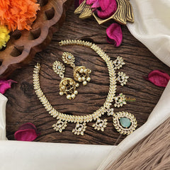 Vriksham Designer Gold Look Alike AD Stone Short Neckpiece-Pastel Green-G16318