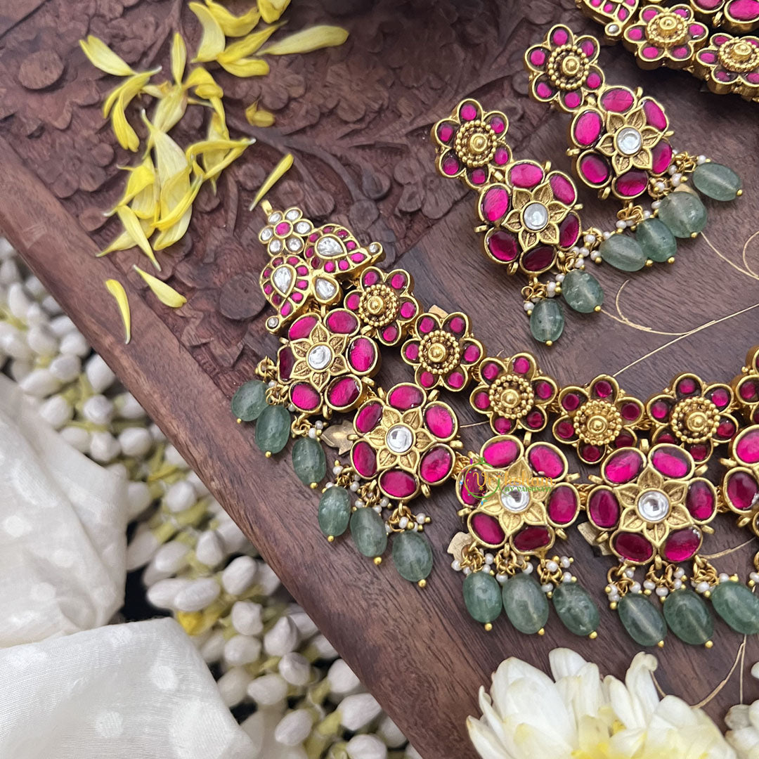 Vriksham Kundan Jadau Floral High Neck Choker-Pastel Green Bead-J3694