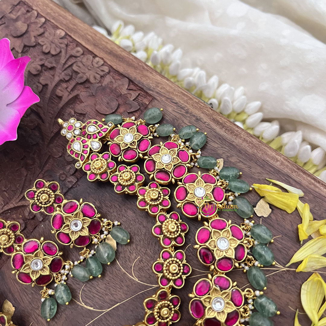 Vriksham Kundan Jadau Floral High Neck Choker-Pastel Green Bead-J3694