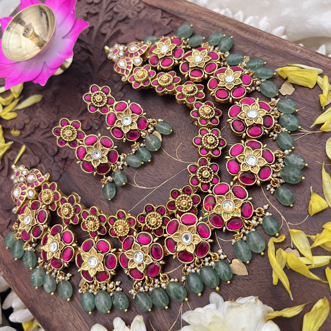 Vriksham Kundan Jadau Floral High Neck Choker-Pastel Green Bead-J3694