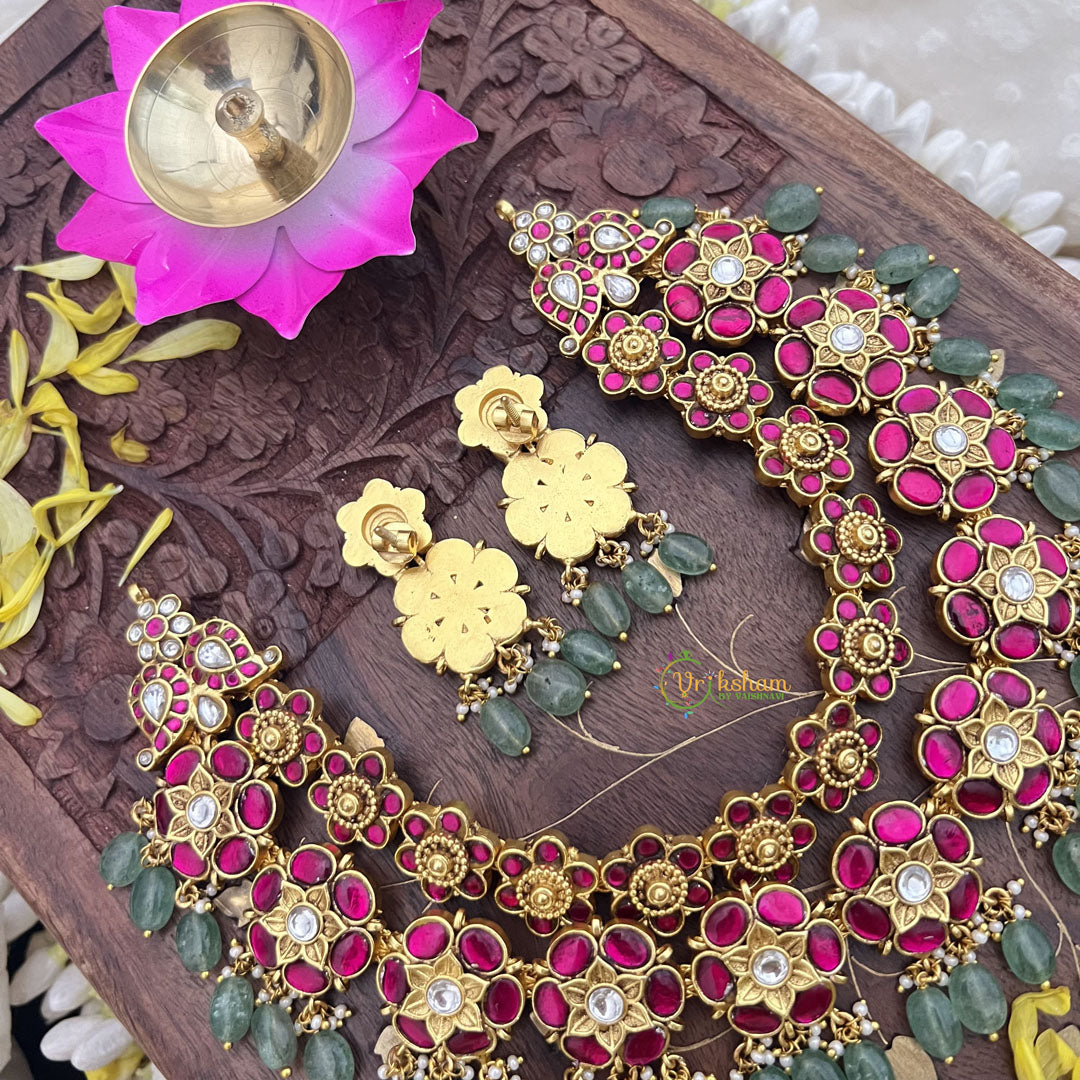 Vriksham Kundan Jadau Floral High Neck Choker-Pastel Green Bead-J3694