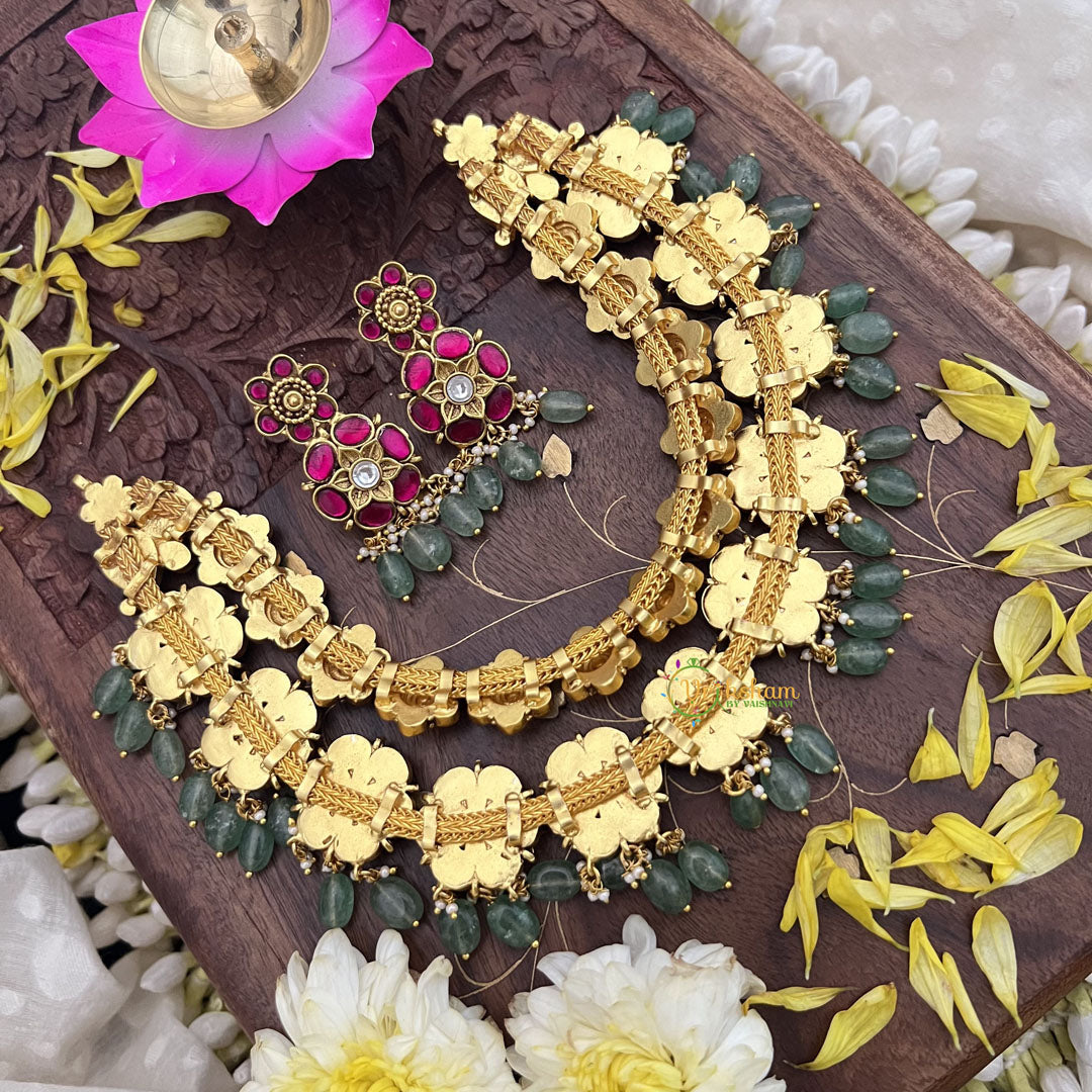 Vriksham Kundan Jadau Floral High Neck Choker-Pastel Green Bead-J3694