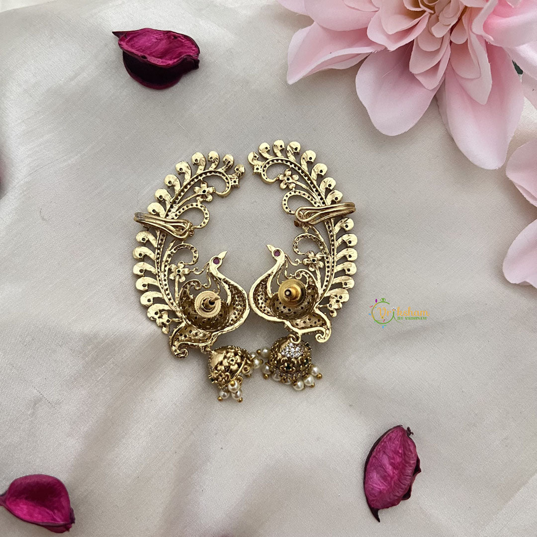 Vriksham Elegant Gold Alike AD Stone Peacock Cuff Jhumkas-Pearl-G15135