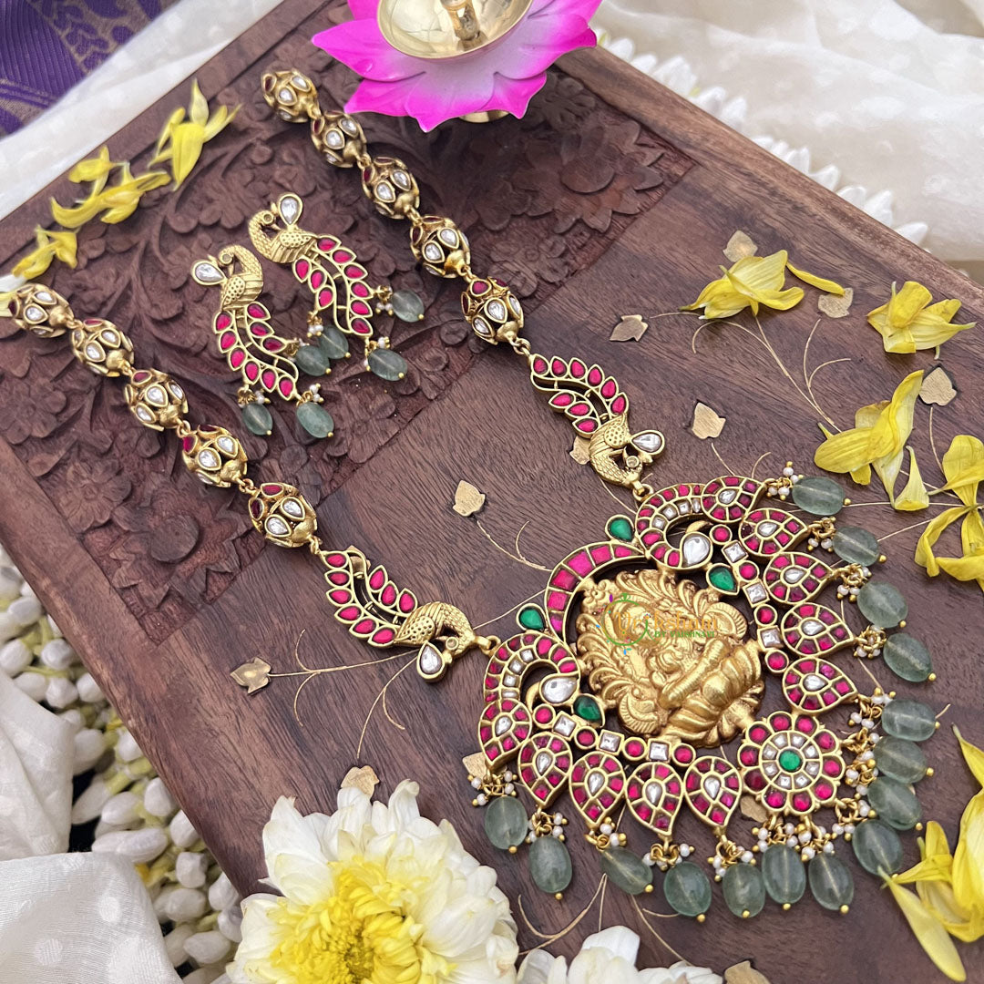 Vriksham Elegant Lakshmi Pendant Kundan Jadau Neckpiece-Pastel Green Beads-J3719