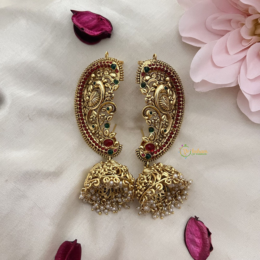 Vriksham Floral Peacock Cuff Jhumkas-Pearls-G805