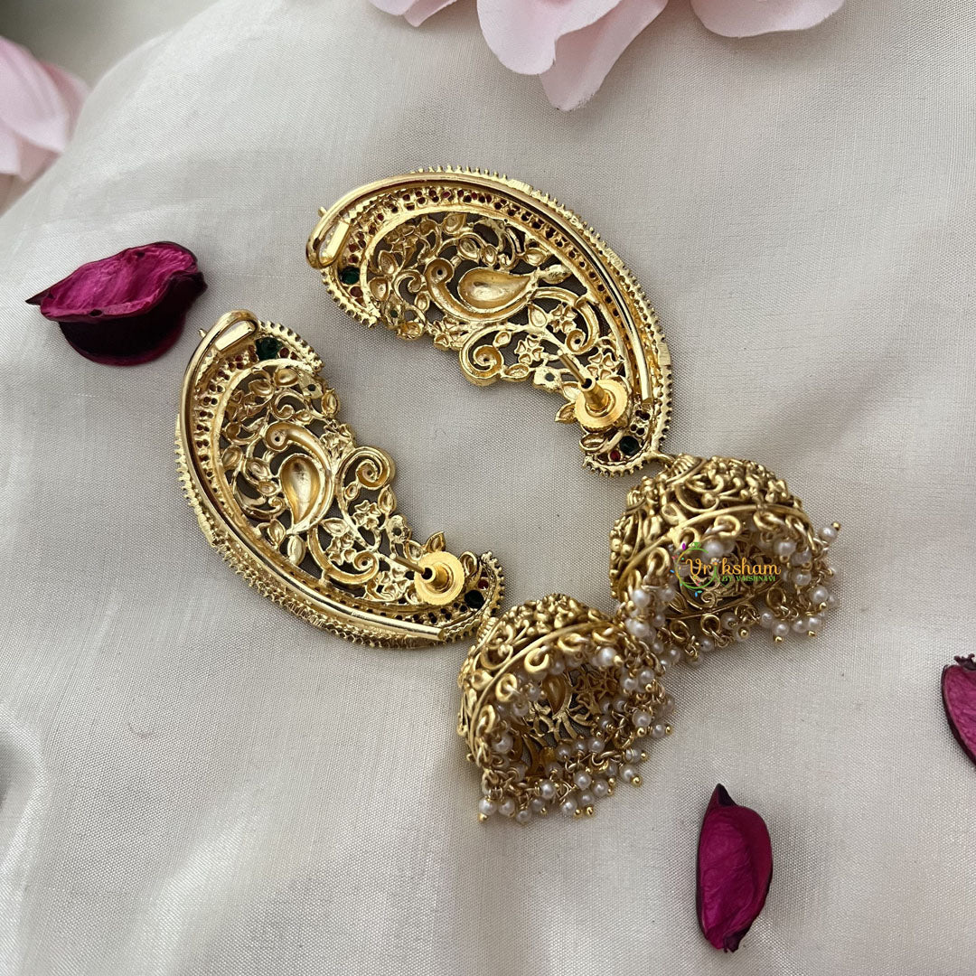 Vriksham Floral Peacock Cuff Jhumkas-Pearls-G805