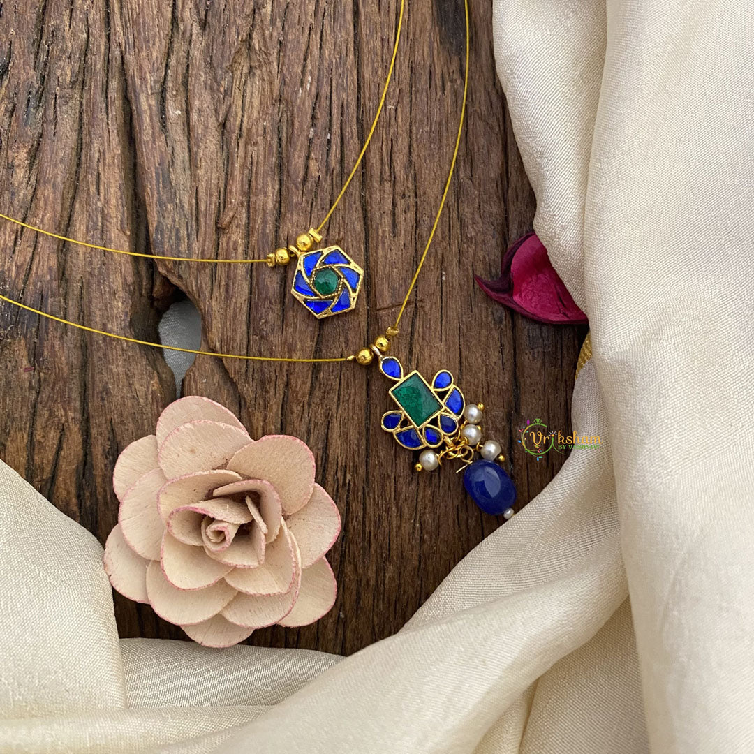 Vriksham Designer Floral 2 layered Jadau Invisible Chain-Blue & Green-G16112